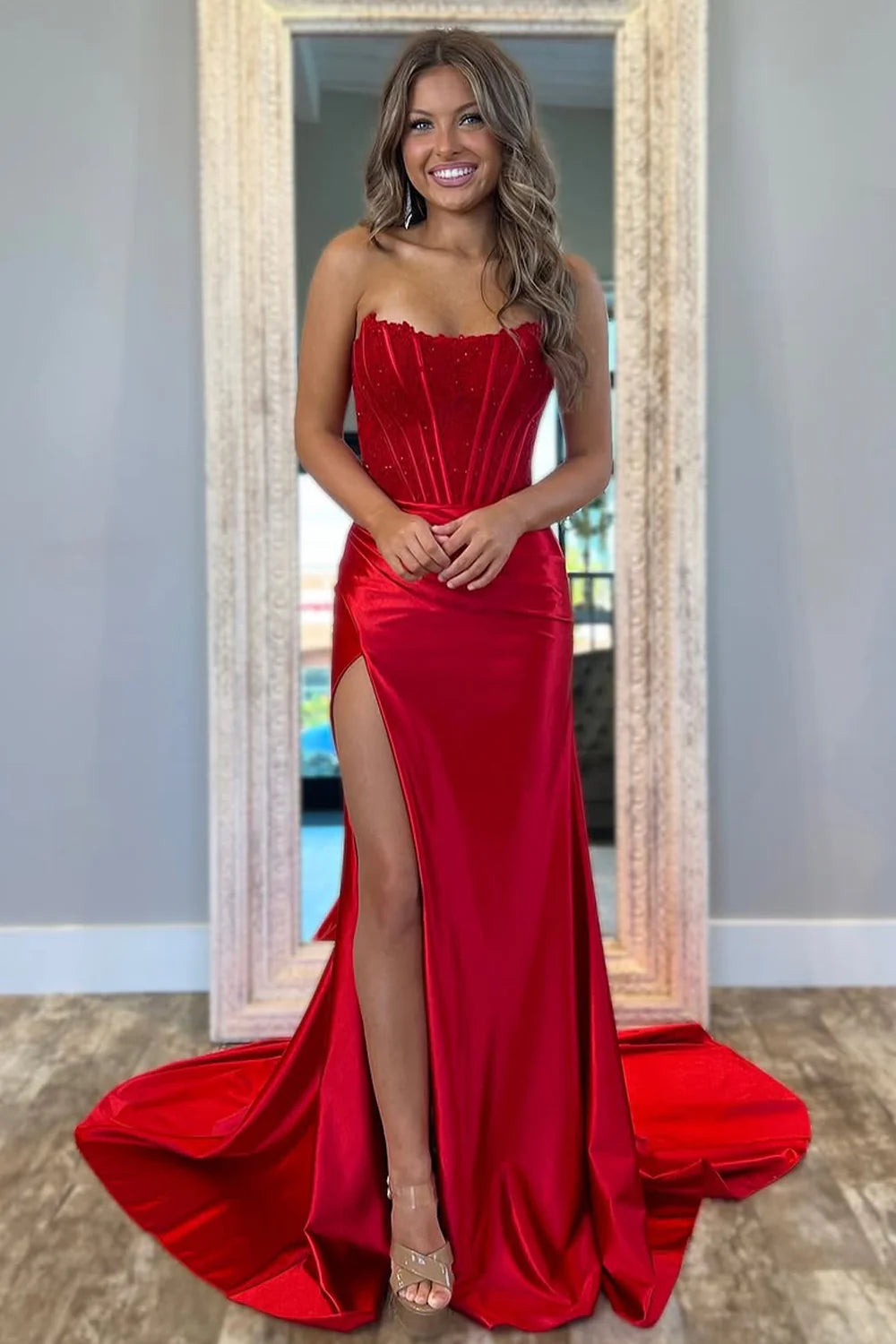 Red Stunning Strapless Glitter Top Long Satin  Unique Design Prom Dress